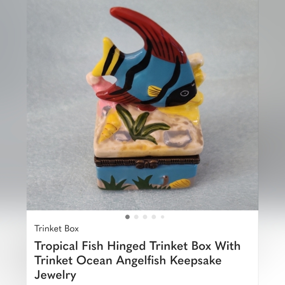 Tropical Fish Hinged Trinket Box Ceramic Angel Fish 2 X 3" Colorful Unique Rare